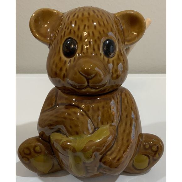 Vintage Ceramic Brown Teddy Bear Honey Pot Jar Made in Taiwan W/Dipstick - Picture 2 of 10